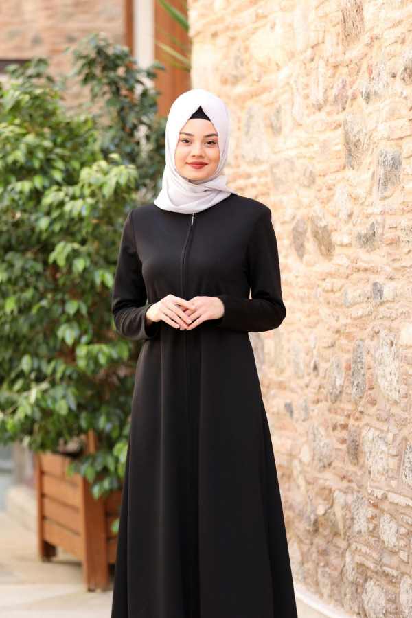 Nisa Fermuarlı Ferace-Siyah