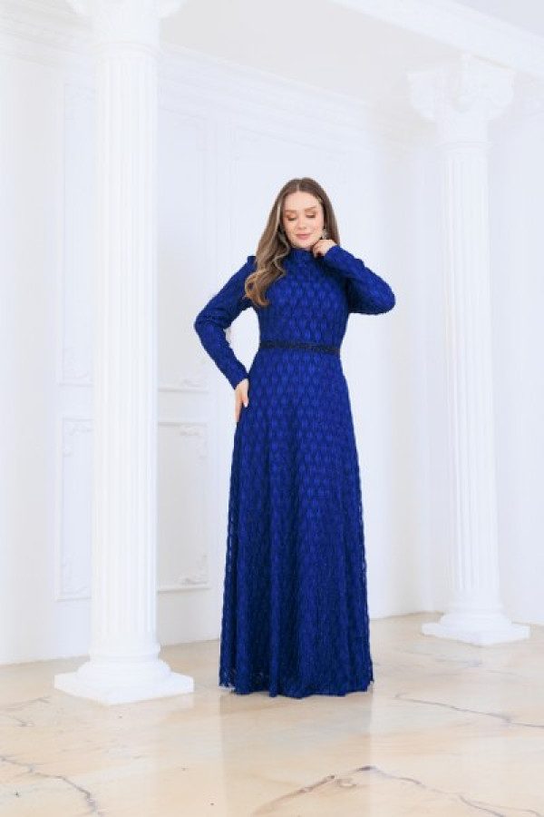 Lina Tesettür Abiye Elbise Saks