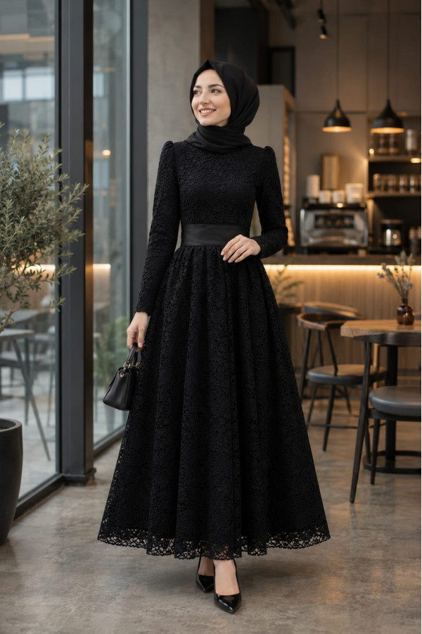Prenses Dantel Elbise Siyah