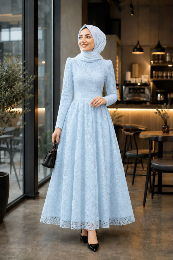 Prenses Dantel Elbise Mavi