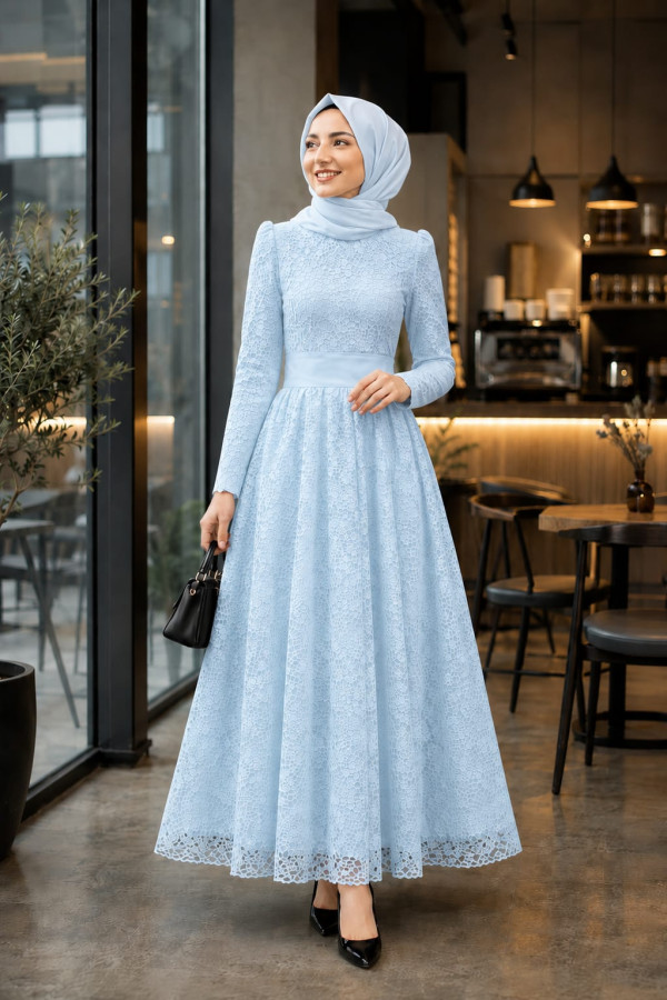 Prenses Dantel Elbise Mavi
