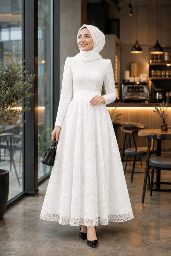 Prenses Dantel Elbise Ekru