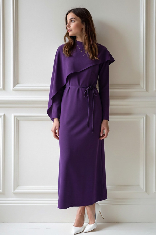 Nevrin Şal Yaka Elbise - Mor