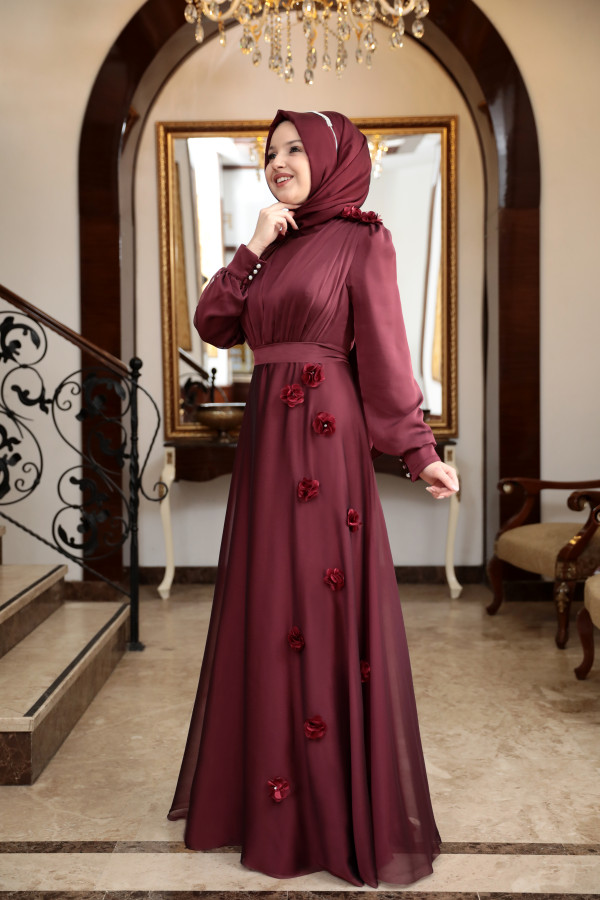 Buket Şifon Abiye- Bordo Buket Şifon Abiye- Bordo