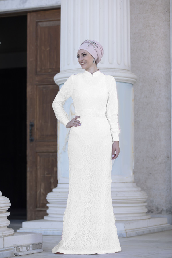 Ahu Dantel Elbise Ekru