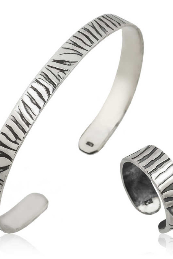 Gümüş Zebra Desenli Bileklik Ve Yüzük Set
