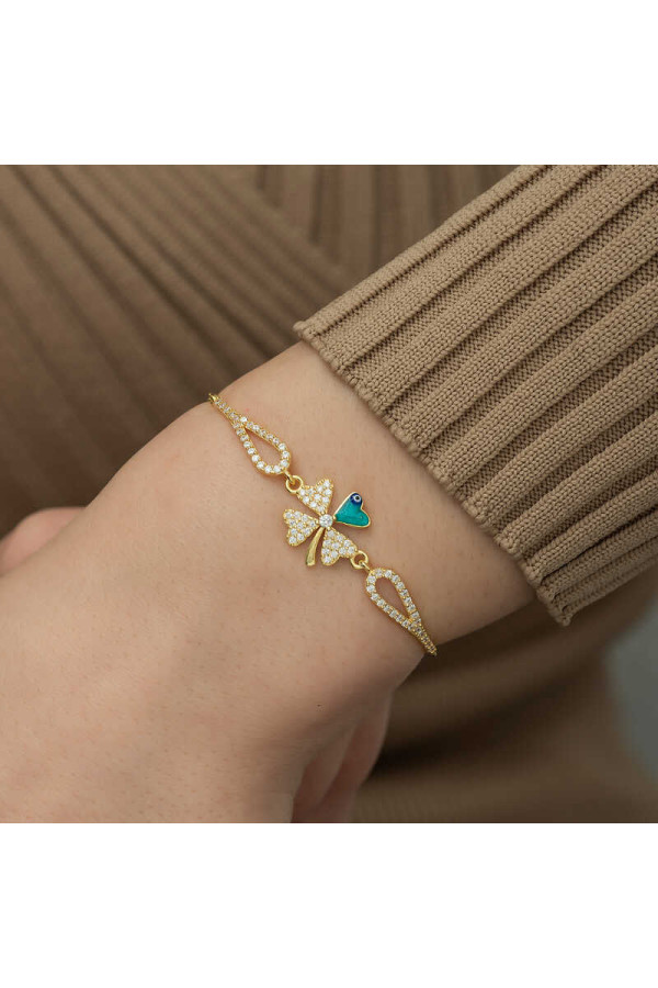Gümüş Gold Nazarlı Yonca Bileklik