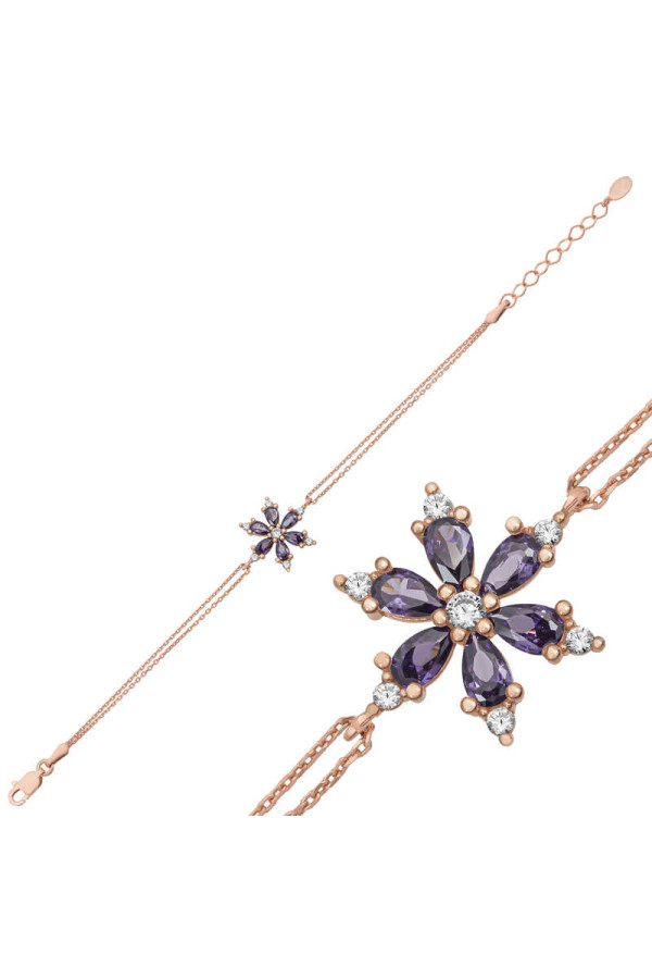 Gümüş Rose Mor Lotus Çiçeği Kadın Bileklik