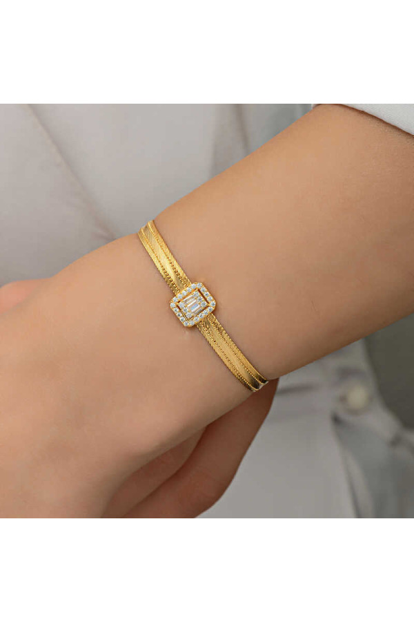 Gümüş Gold Baget Taşlı Trabzon Hasır Kadın Bileklik