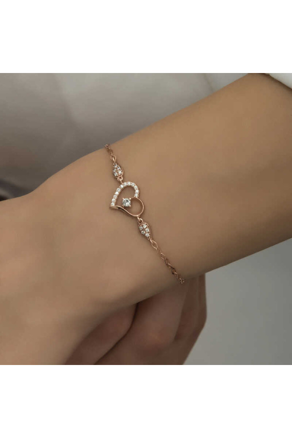 Gümüş Rose Kalpli Tektaş Kadın Bileklik