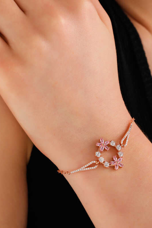 Gümüş Rose Pembe Çiçek Kadın Bileklik