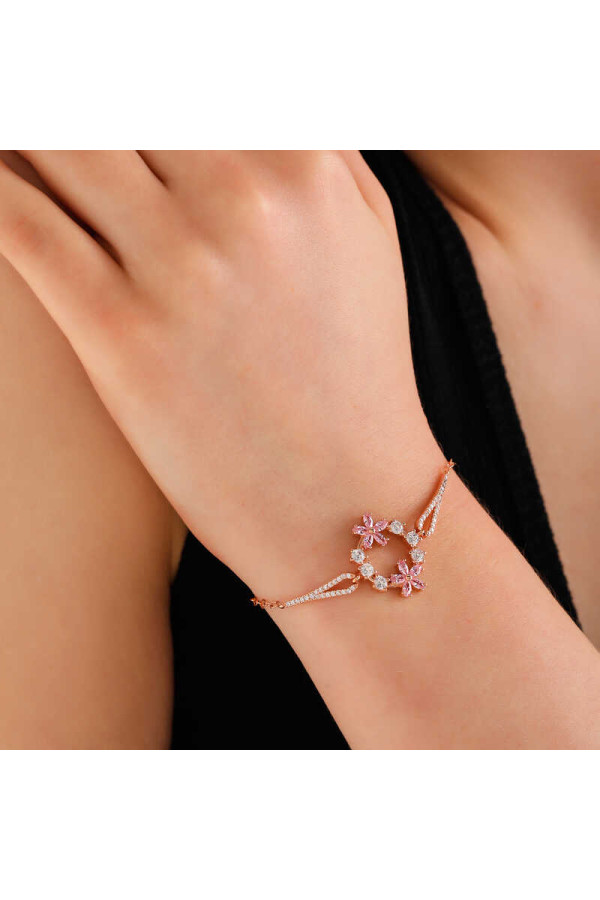 Gümüş Rose Pembe Çiçek Kadın Bileklik