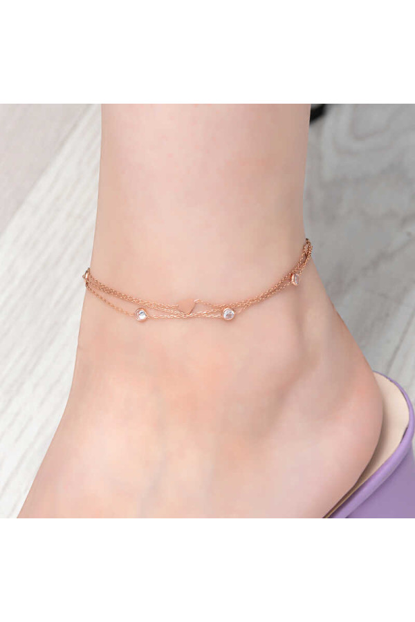 Gümüş Rose Çift Zincirli Kalp Zirkon Taşlı Halhal