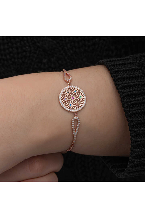​Gümüş Rose Renkli Yaşam Çiçeği Kadın Bileklik