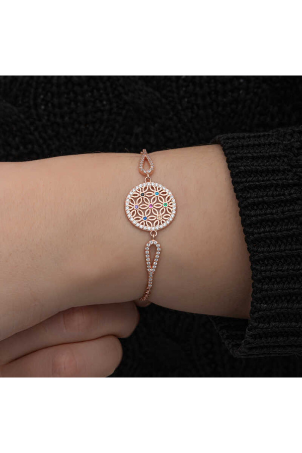 ​Gümüş Rose Renkli Yaşam Çiçeği Kadın Bileklik