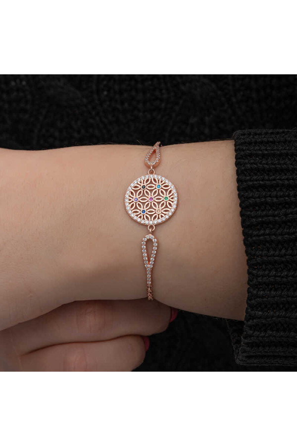 ​Gümüş Rose Renkli Yaşam Çiçeği Kadın Bileklik