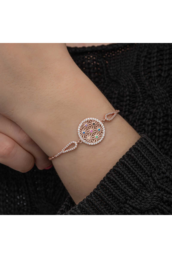 ​Gümüş Rose Renkli Yaşam Çiçeği Kadın Bileklik
