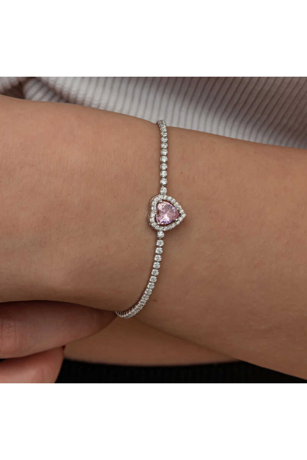 Gümüş Pembe Taşlı Kalpli Su Yolu Bileklik