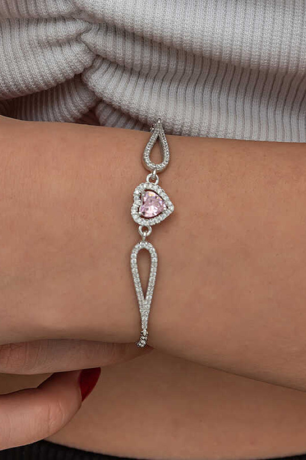 Gümüş Pembe Zirkon Taşlı Kalp Bileklik