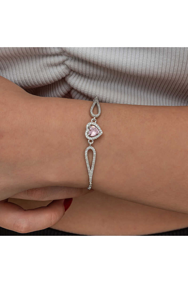 Gümüş Pembe Zirkon Taşlı Kalp Bileklik