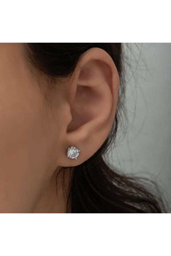 ​Gümüş 6 mm Beyaz Zirkon Tek Taş Kadın Küpe