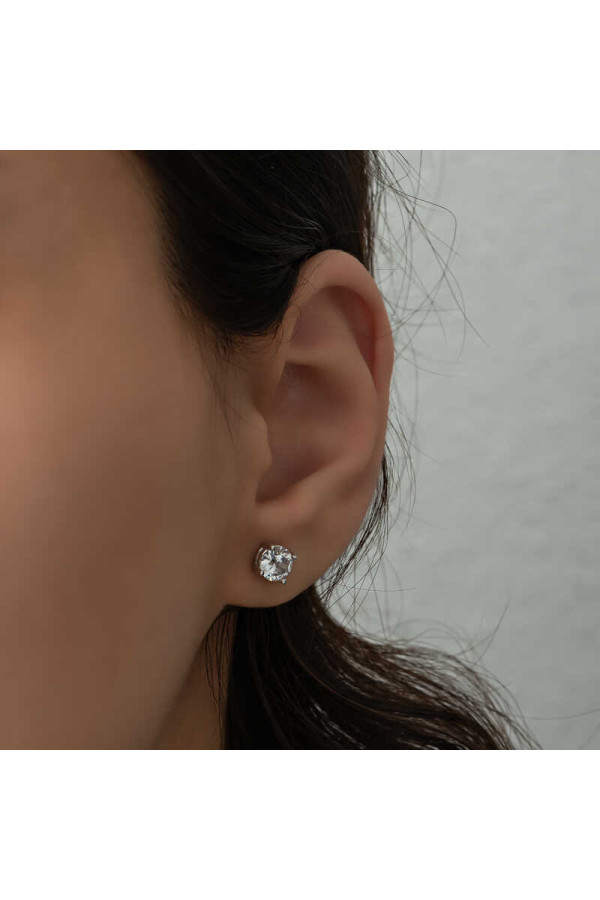 ​Gümüş 4 mm Beyaz Zirkon Tek Taş Kadın Küpe