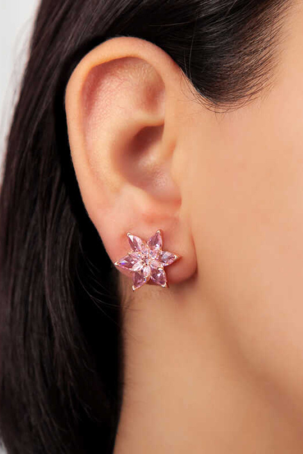 Gümüş Rose Pembe Lotus Çiçeği Çivili Kadın Küpe