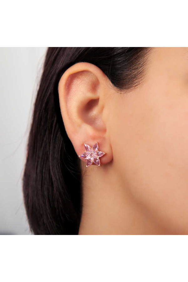 Gümüş Rose Pembe Lotus Çiçeği Çivili Kadın Küpe