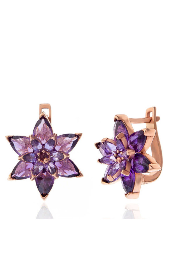 Gümüş Rose Mor Lotus Çiçeği Kadın Küpe