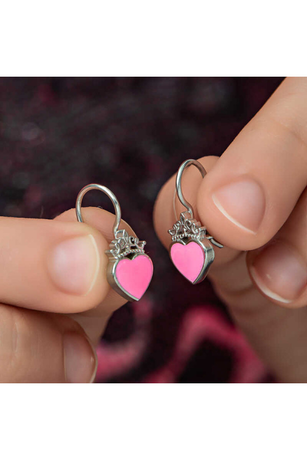 Gümüş Pembe Kalp Sallantılı Çocuk Küpe