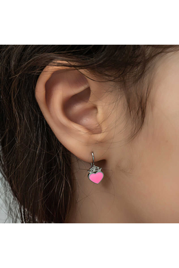 Gümüş Pembe Kalp Sallantılı Çocuk Küpe
