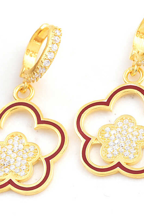 ​Gümüş Gold Sallantılı Çiçek Desenli Kadın Küpe