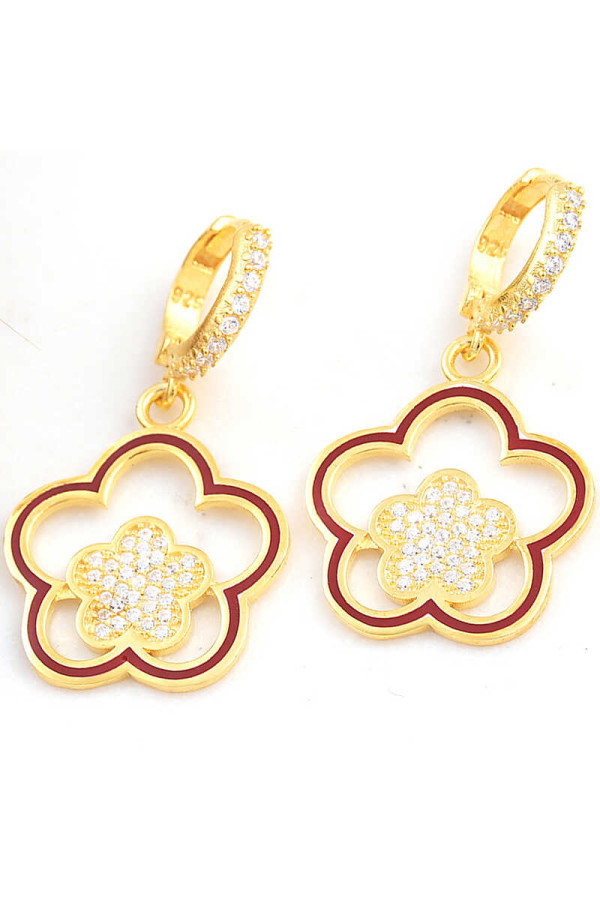​Gümüş Gold Sallantılı Çiçek Desenli Kadın Küpe