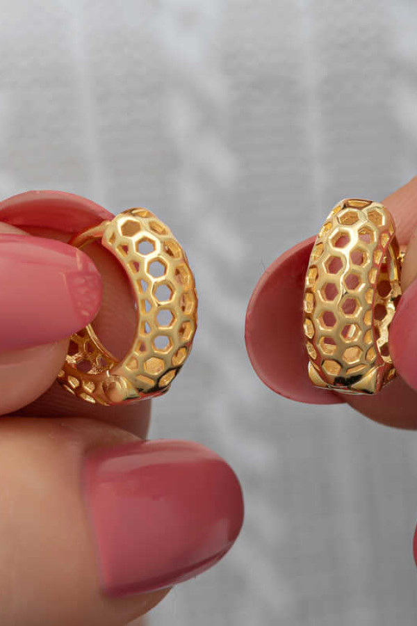 Gümüş Gold Petek Desenli Halka Kadın Küpe