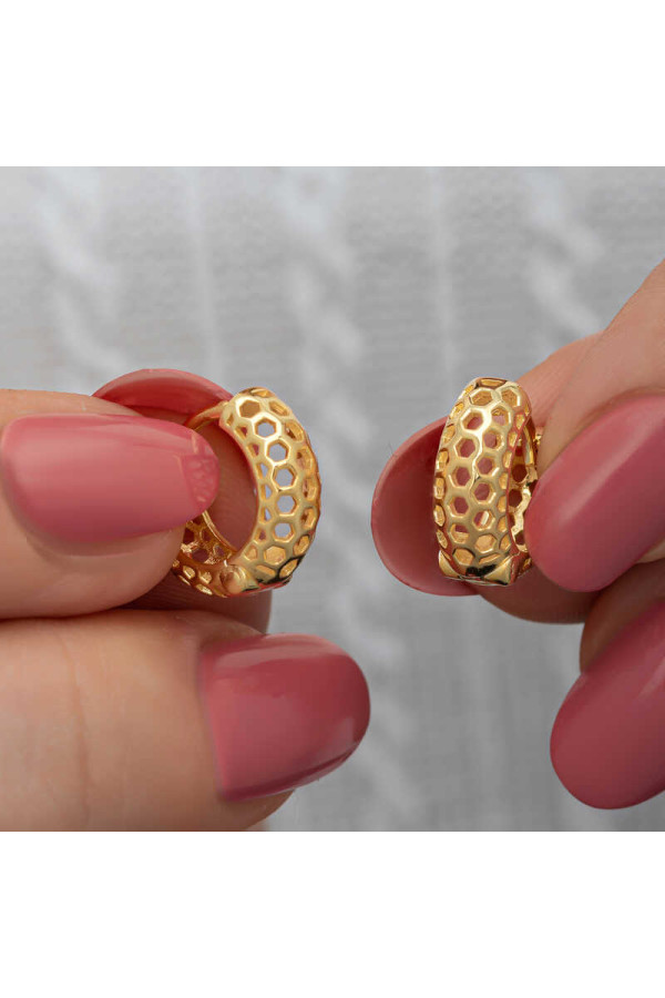 Gümüş Gold Petek Desenli Halka Kadın Küpe