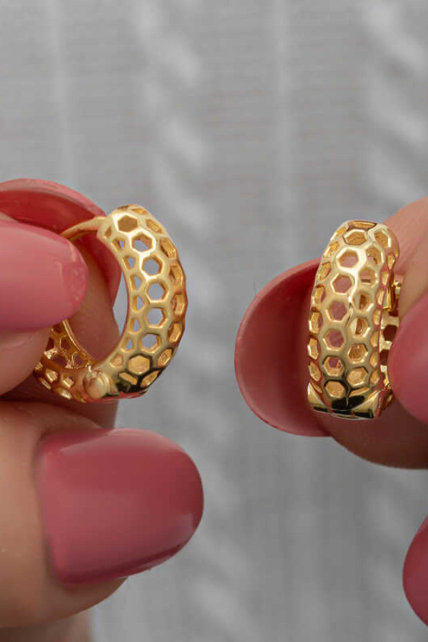 Gümüş Gold Petek Desenli Halka Kadın Küpe