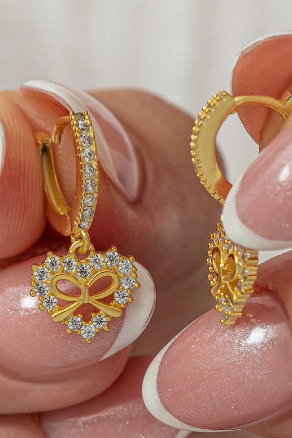 Gümüş Gold Kalp Kurdele Sallantılı Kadın Küpe