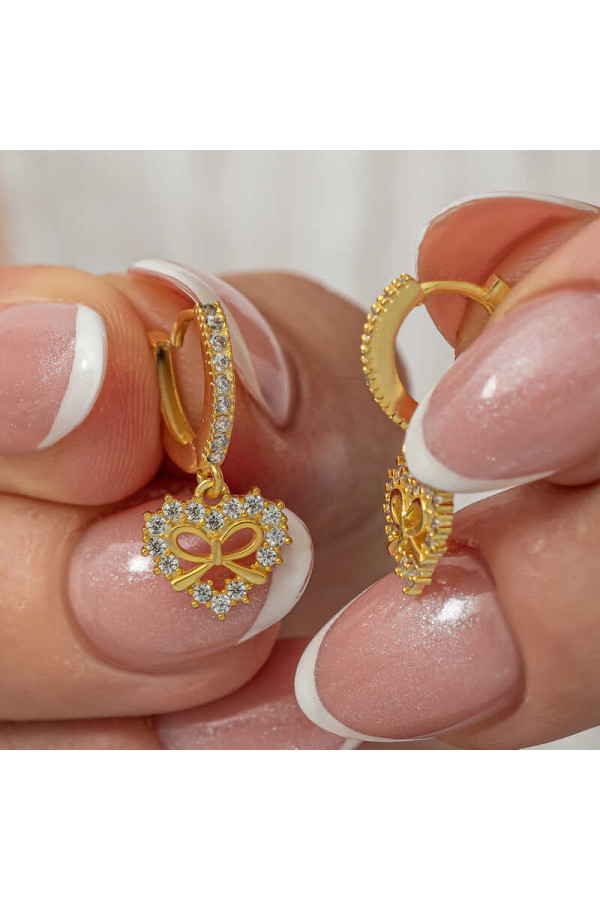 Gümüş Gold Kalp Kurdele Sallantılı Kadın Küpe