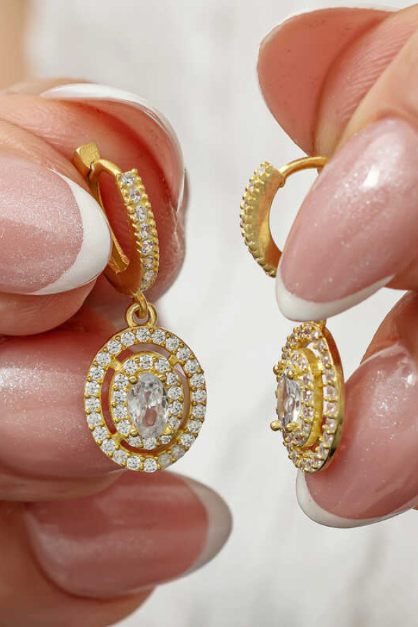 Gümüş Gold Oval Taşlı Sallantılı Küpe