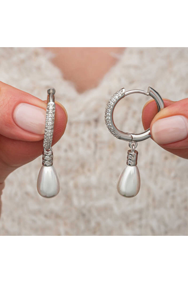 Gümüş Zirkon Taşlı Sallantılı Damla İnci Küpe