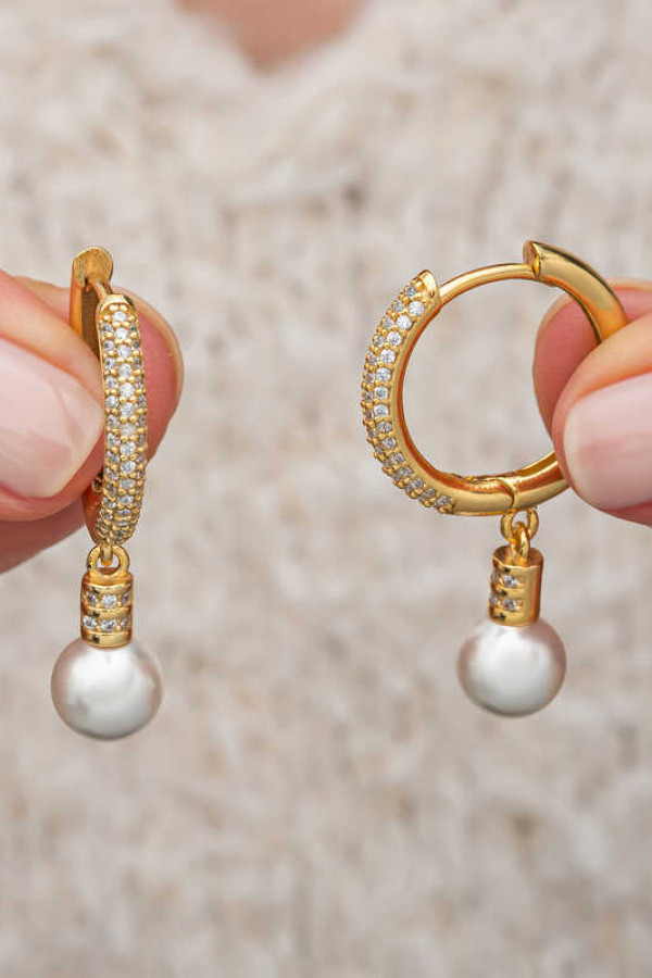 Gümüş Zirkon Taşlı Gold Halka İnci Küpe