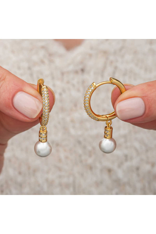 Gümüş Zirkon Taşlı Gold Halka İnci Küpe
