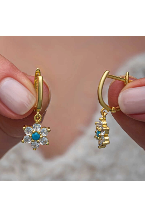 Gümüş Mavi Taşlı Gold Çiçek Kadın Küpe