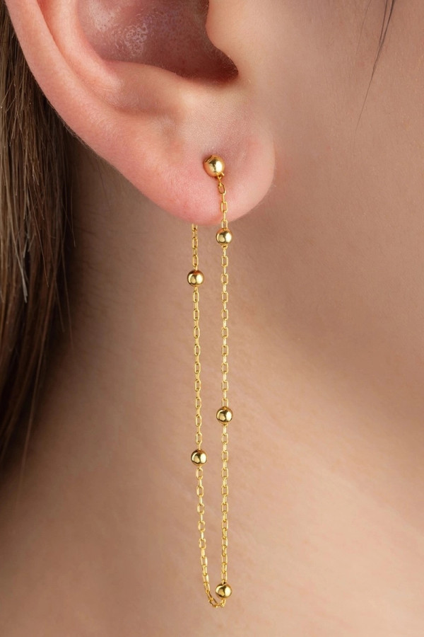 Gümüş Çift Zincirli Gold Top Detaylı Kadın Küpe