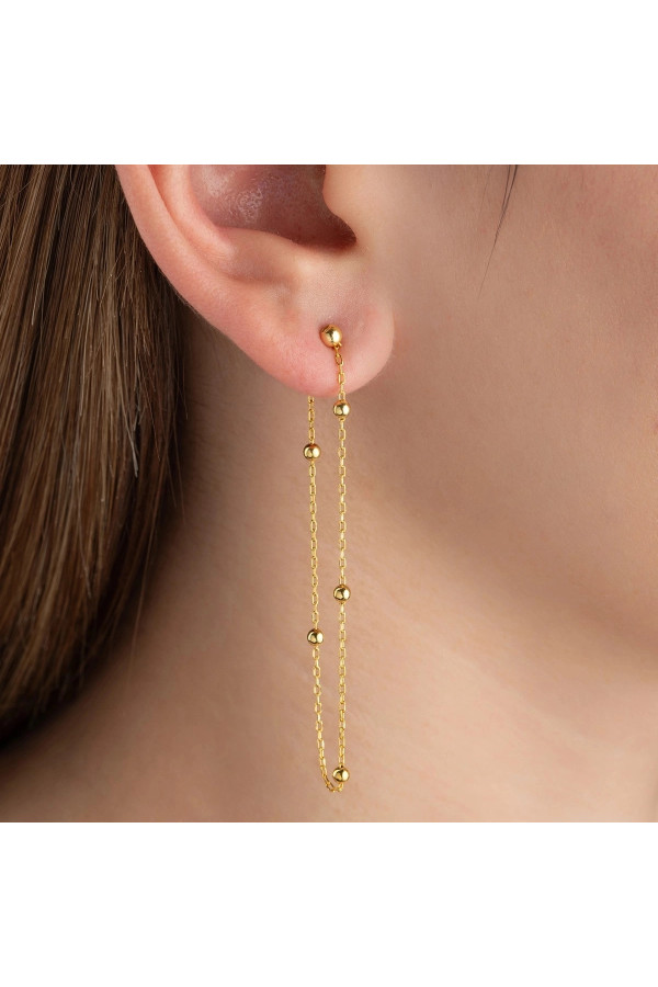 Gümüş Çift Zincirli Gold Top Detaylı Kadın Küpe