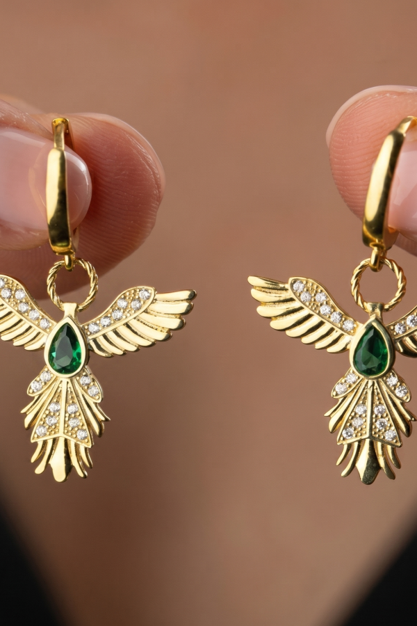 Gümüş Anka Kuşu Figürlü Gold Kadın Küpe