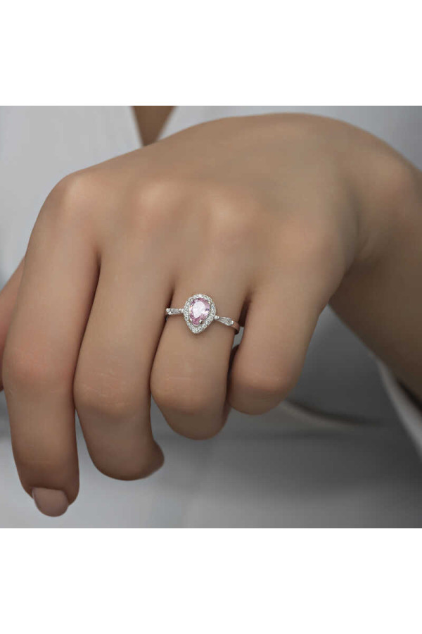 Gümüş Pembe Damla Taşlı Kadın Yüzük
