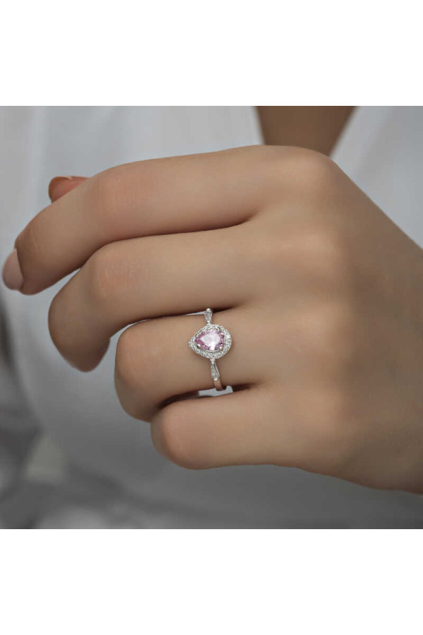 Gümüş Pembe Damla Taşlı Kadın Yüzük