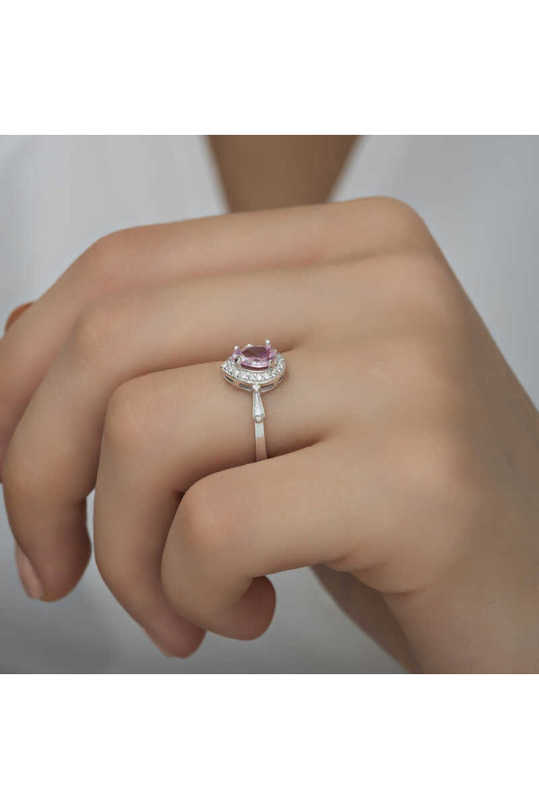Gümüş Pembe Damla Taşlı Kadın Yüzük