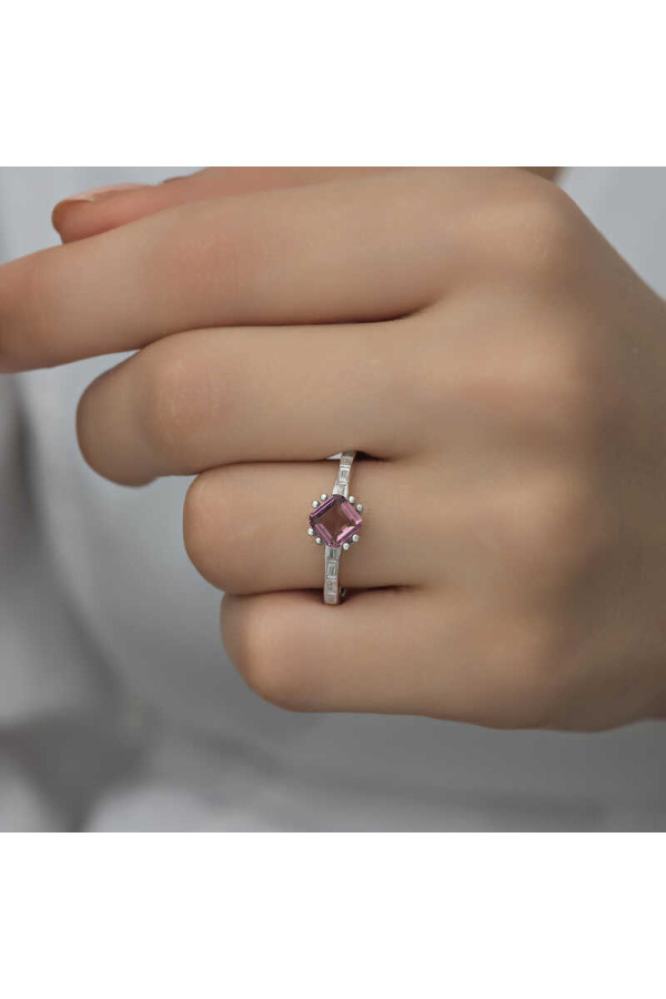 Gümüş Pembe Baget Tek Taş Kadın Yüzük